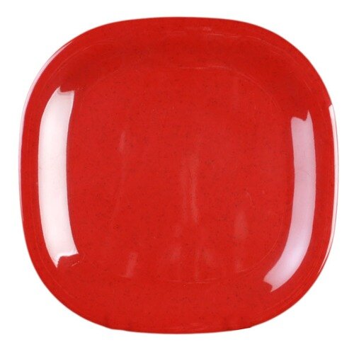A red square Thunder Group melamine plate with a white stripe.