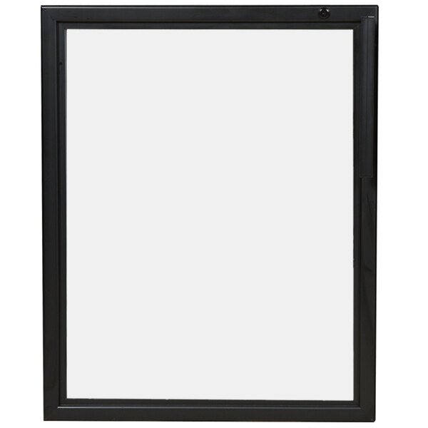 A black rectangular door assembly with lights.