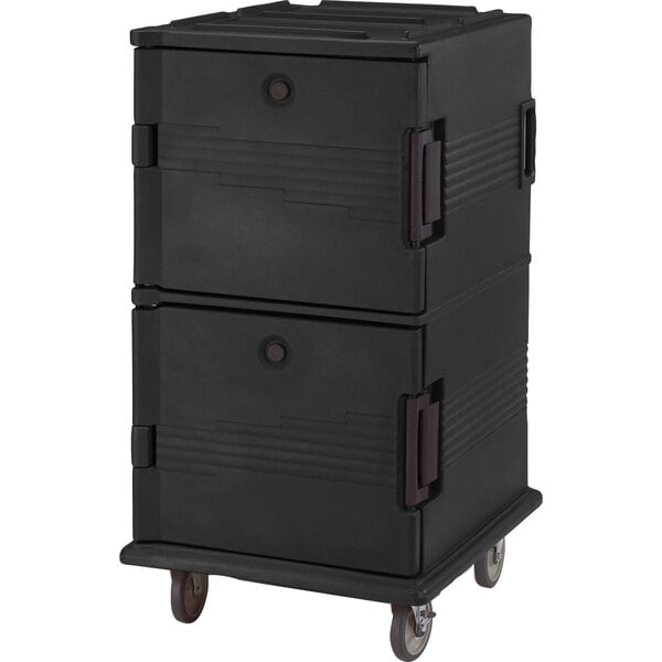 A black Cambro Ultra Camcart food pan carrier on wheels.