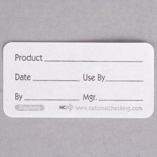 A close-up of a white National Checking Company dissolvable product label with the words "product date"