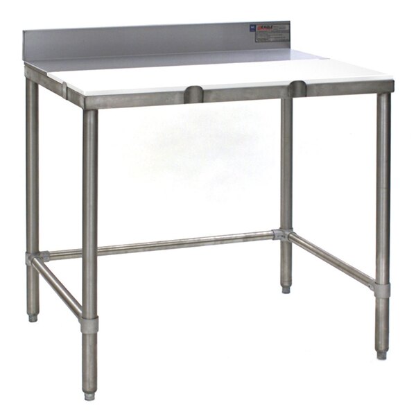 A white poly top stainless steel work table with metal legs.