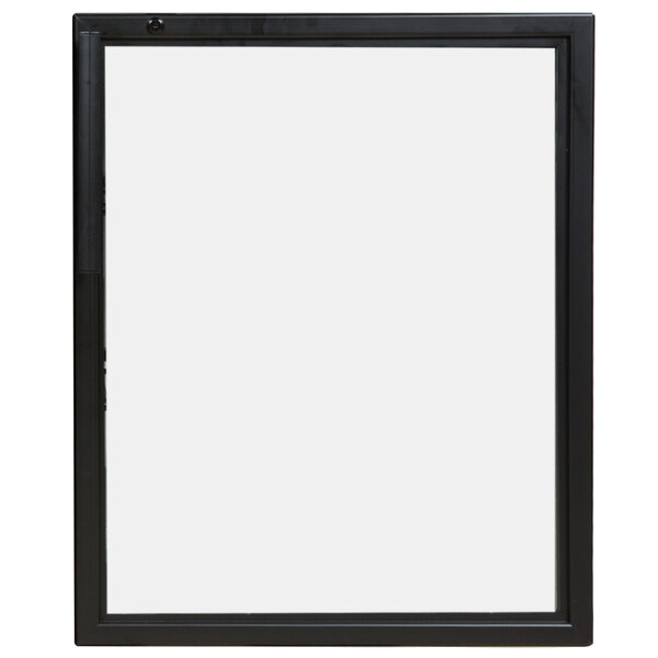 A black rectangular door assembly with lights.