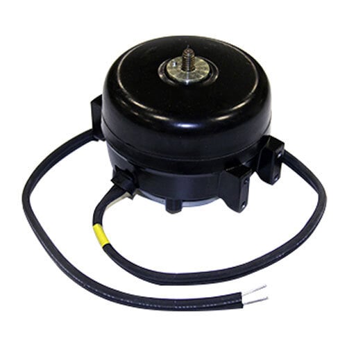 A black round electric motor with a wire.