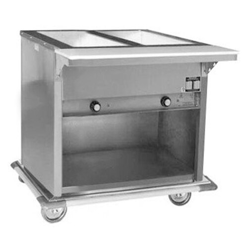 An Eagle Group stainless steel hot food table on wheels.