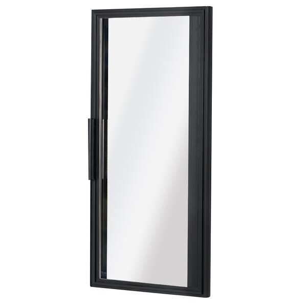 A black rectangular door with a white rectangular mirror inside.