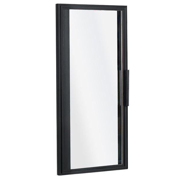 A black rectangular True left hinged door with a glass window.