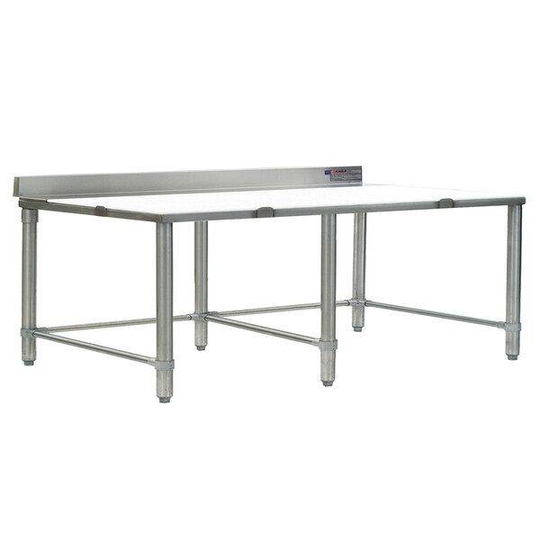 A white poly top stainless steel boning table with metal legs.