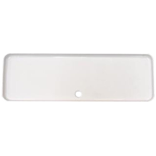 A white rectangular plastic drain pan with a hole in it.