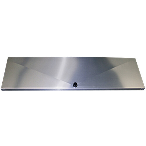 A silver rectangular evaporator drain pan kit with a black button on a white surface.