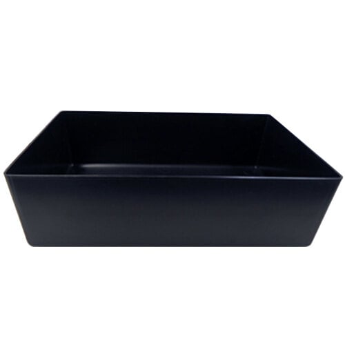 A black rectangular plastic drain pan with a handle.