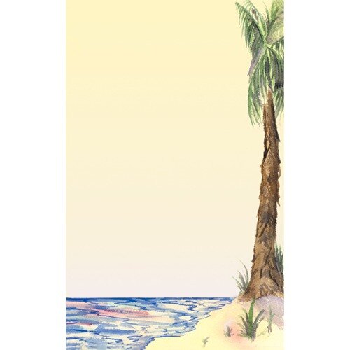 White menu paper with a watercolor palm tree design.