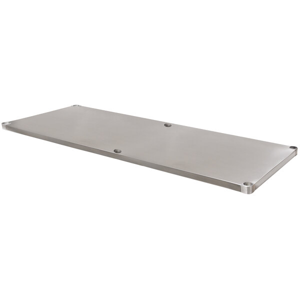 An Advance Tabco stainless steel undershelf with a metal plate and holes.