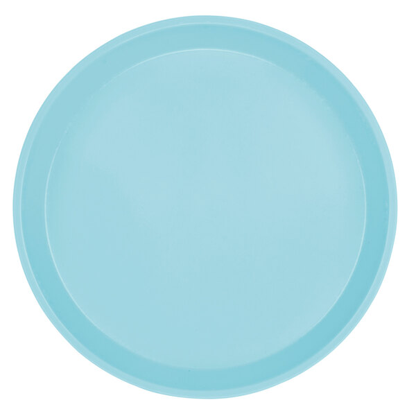 A close-up of a round sky blue Cambro tray.