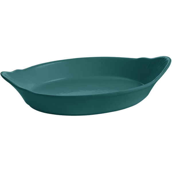 A hunter green oval Tablecraft pan with handles.