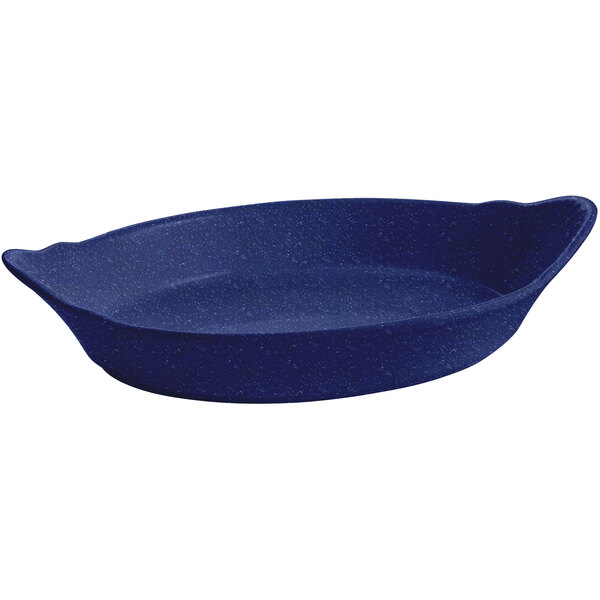 A blue speckled oval Au Gratin dish with a handle.