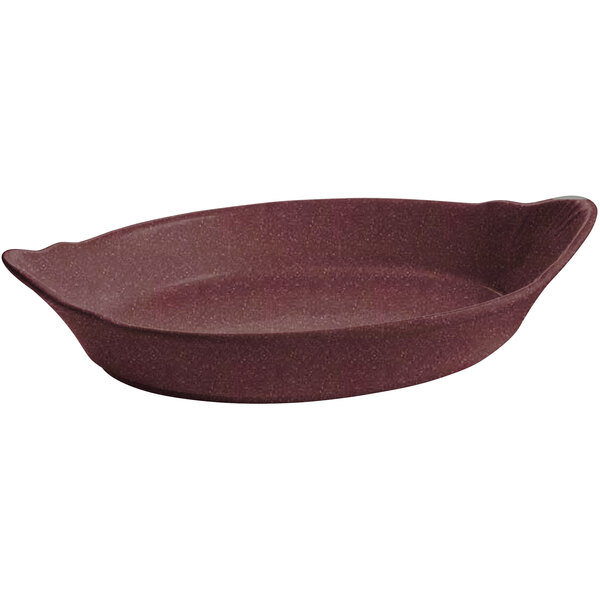 A brown oval shaped Tablecraft Au Gratin dish.
