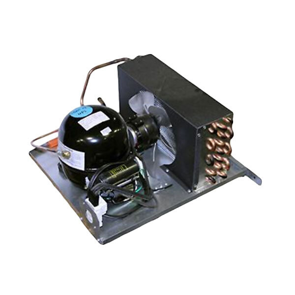 A black True condensing unit with a fan and wires.