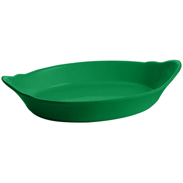 A green oval Tablecraft Au Gratin dish with a leaf shaped edge and handles.