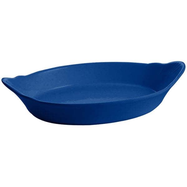 A cobalt blue oval shaped dish with handles.