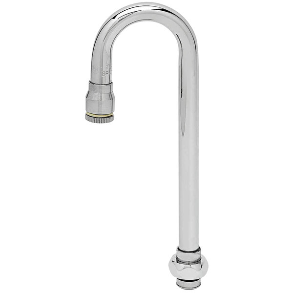 A T&S chrome swivel gooseneck faucet nozzle.