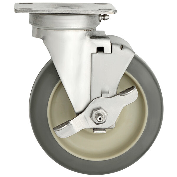 A Metro Super Erecta swivel plate caster with a metal wheel and brakes.