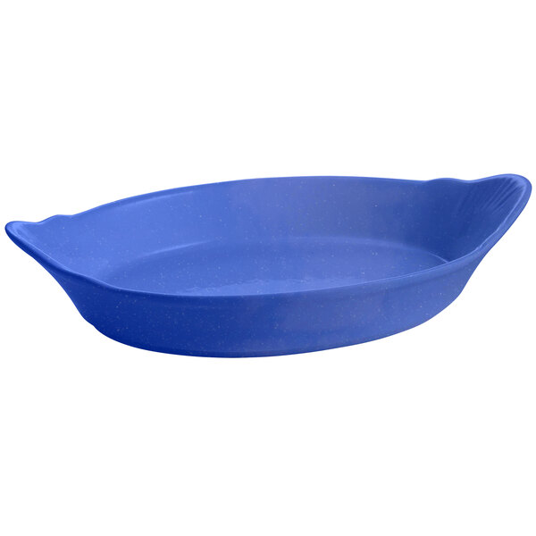 A blue oval shaped Tablecraft Au Gratin dish with white speckles.