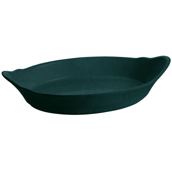 A dark green oval Tablecraft Au Gratin dish with handles.