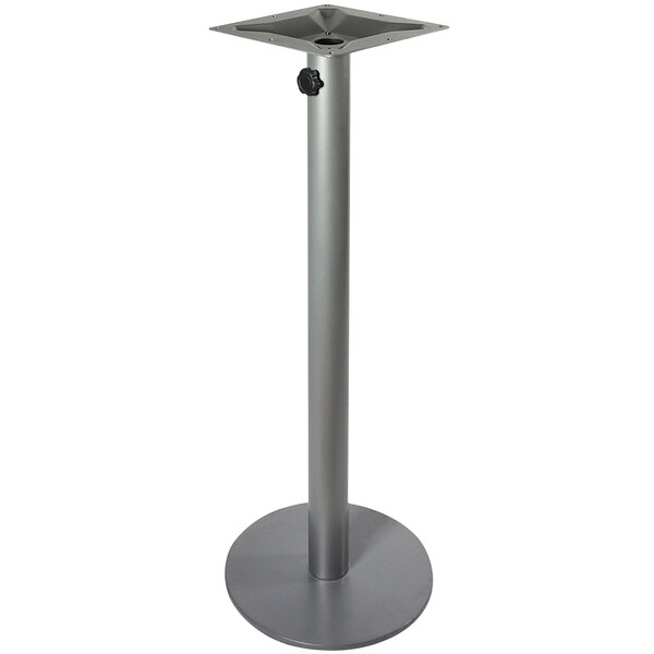 A silver metal BFM Seating Margate bar height table base with a pole.