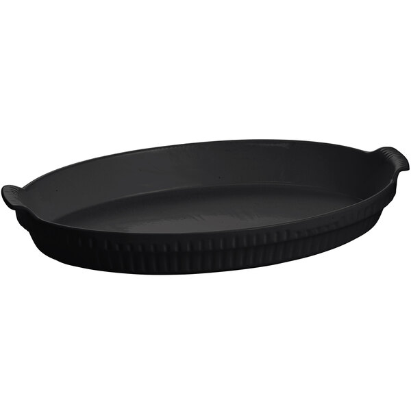 A black oval shaped Tablecraft casserole dish with handles.