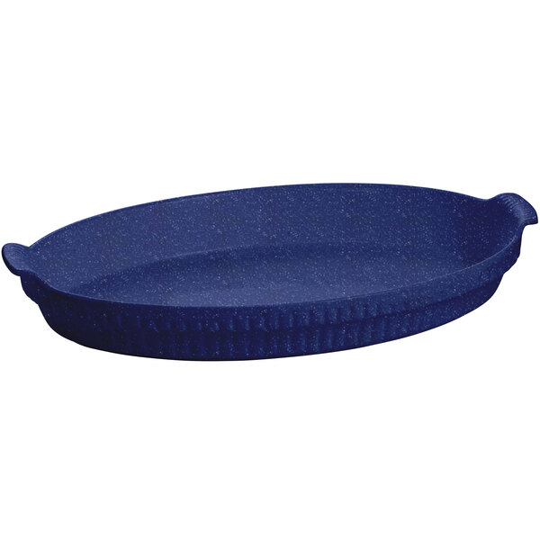 A Tablecraft blue speckle cast aluminum oval casserole dish with handles.
