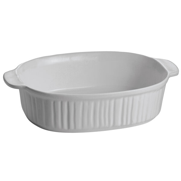 A gray oval ceramic casserole dish with ridges.