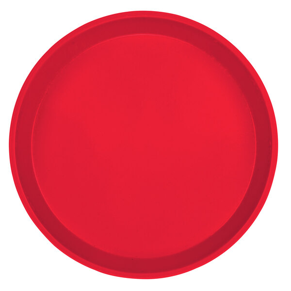 A red round Cambro fiberglass tray.