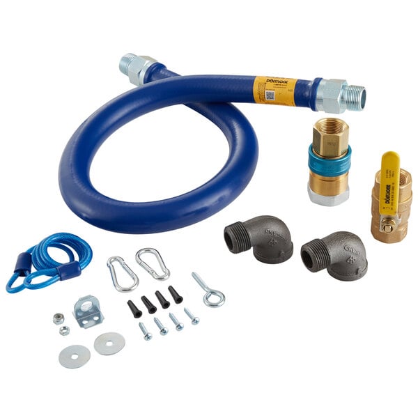 A blue flexible Dormont gas hose with metal fittings and a restraining cable.