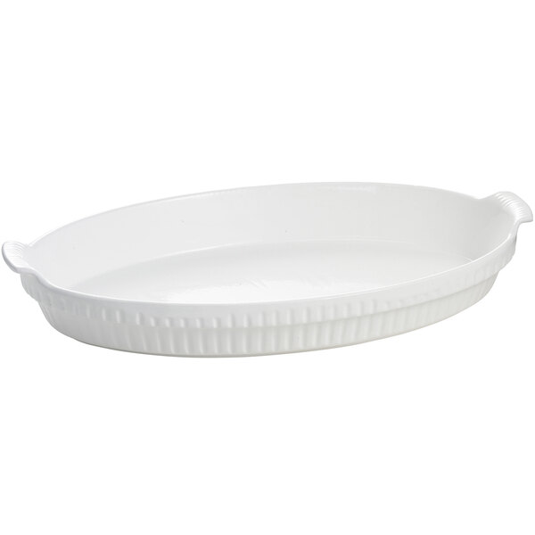 A white oval Tablecraft casserole dish with handles.