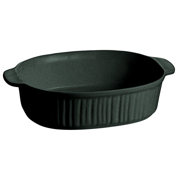 A black oval Tablecraft casserole dish with a ridged lid.