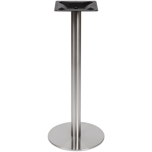 A BFM Seating stainless steel round table base with a black square top.
