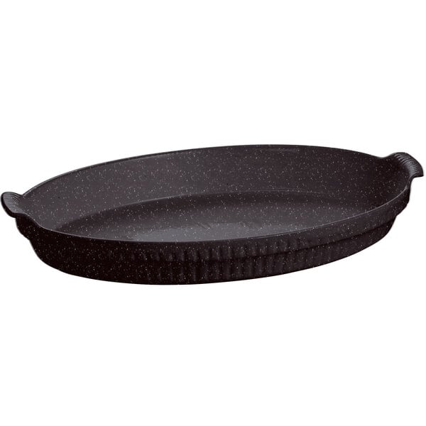 A black speckled Tablecraft oval casserole dish with a black lid.