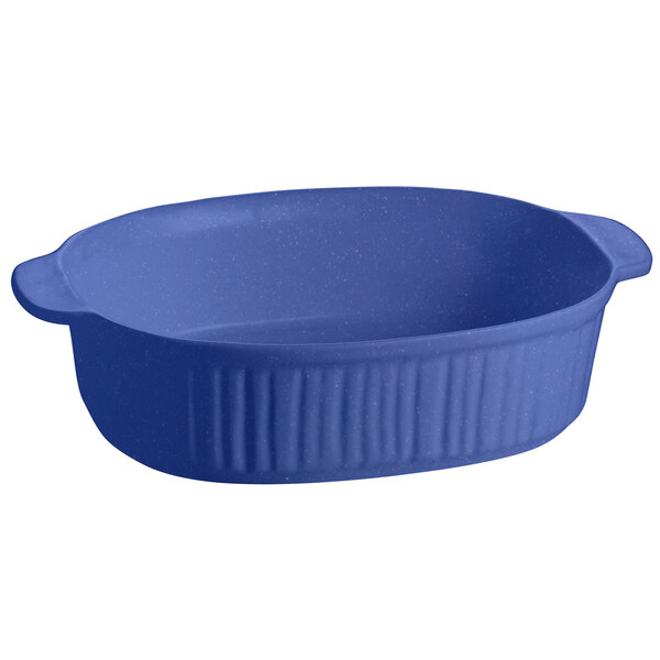 A blue oval Tablecraft casserole dish with a lid.