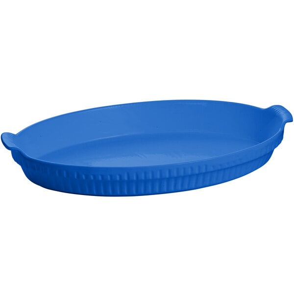 A blue oval Tablecraft casserole dish.