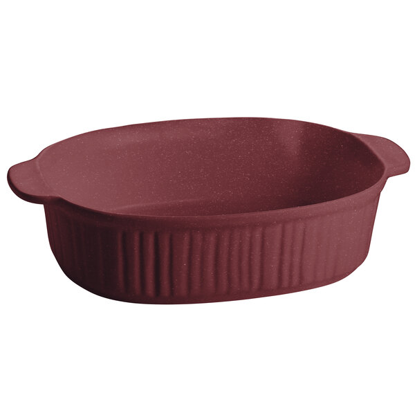A maroon speckled oval baking dish with ridges.