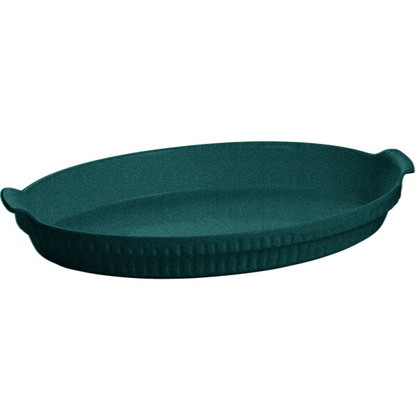 A hunter green oval Tablecraft casserole dish with white speckles.