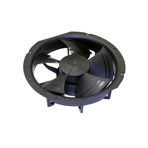 A True 220V reversing fan and motor assembly with a round black fan blade.