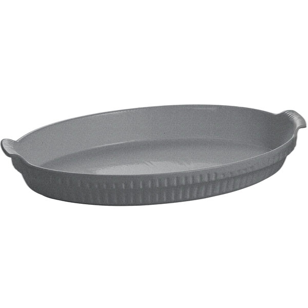A gray Tablecraft large oval casserole dish with handles.