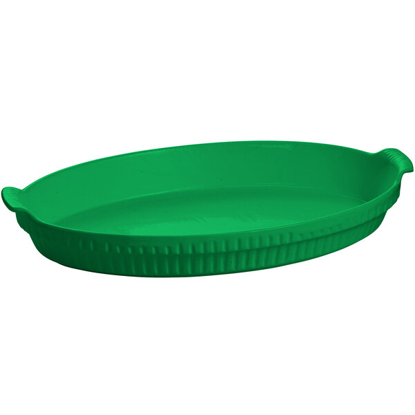 A green Tablecraft oval casserole dish with handles.