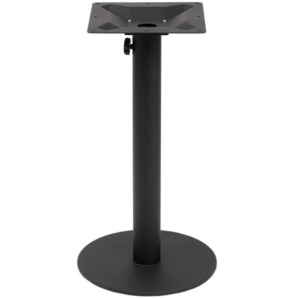A BFM Seating black metal round table base with a cylindrical pedestal.