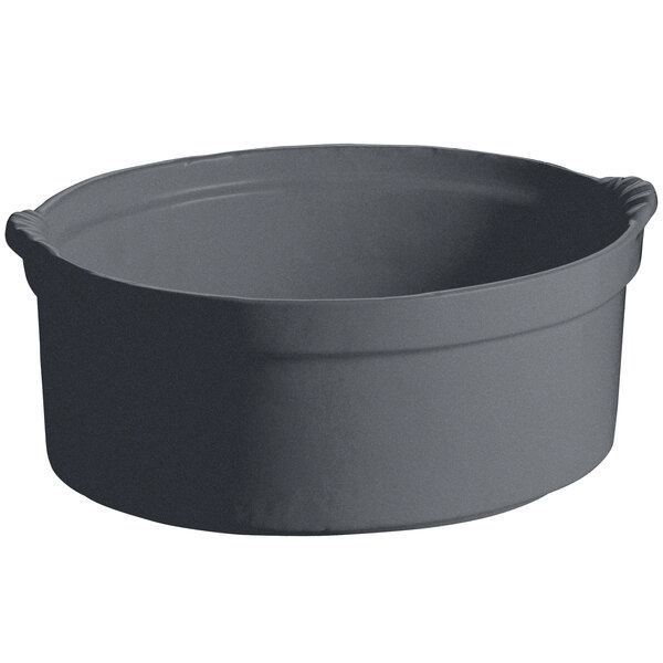 A round grey Tablecraft casserole dish with a handle.