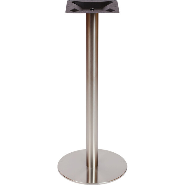 A BFM Seating stainless steel table base with black accents.