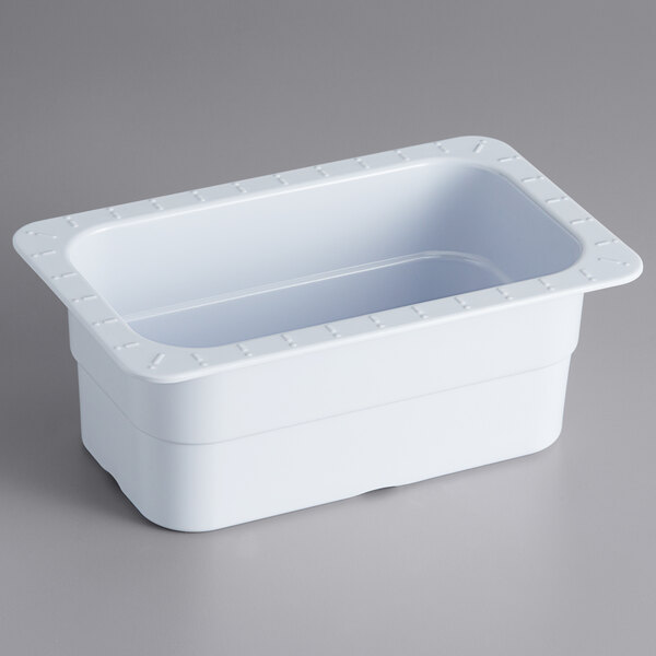 A white melamine rectangular food pan with a rim.