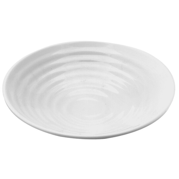 A white Elite Global Solutions melamine bowl with a spiral design.