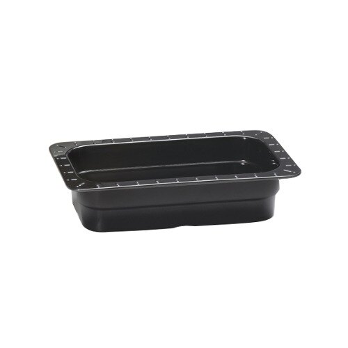 A black rectangular GET melamine food pan on a counter.